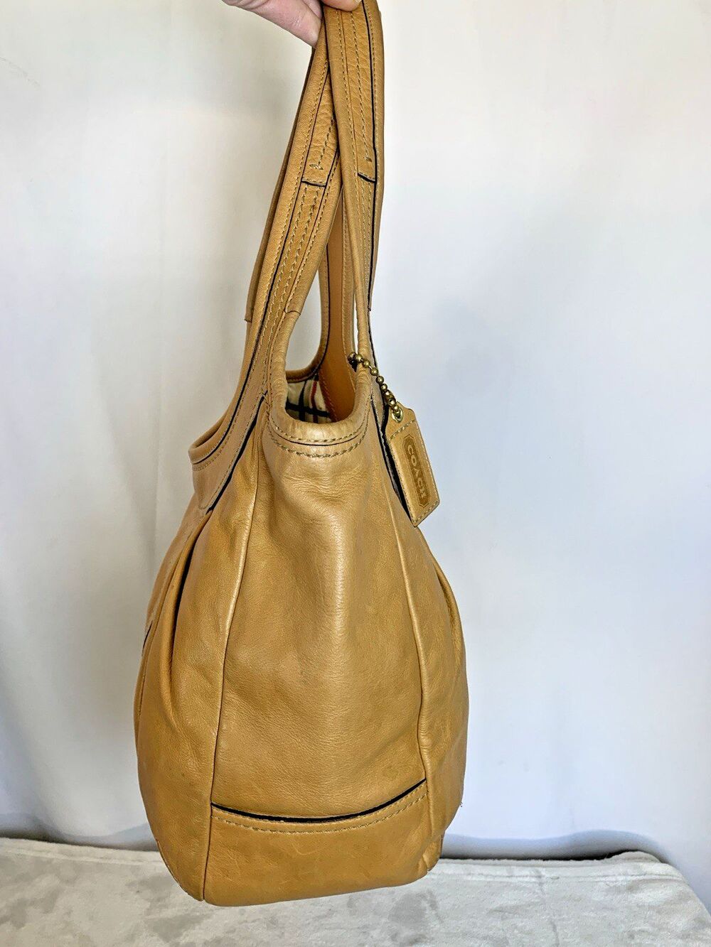 Coach Pleated Ergo Tote #12240 Tan Leather Tattersall Lining 2008 Shoulder Bag - Picture 12 of 16